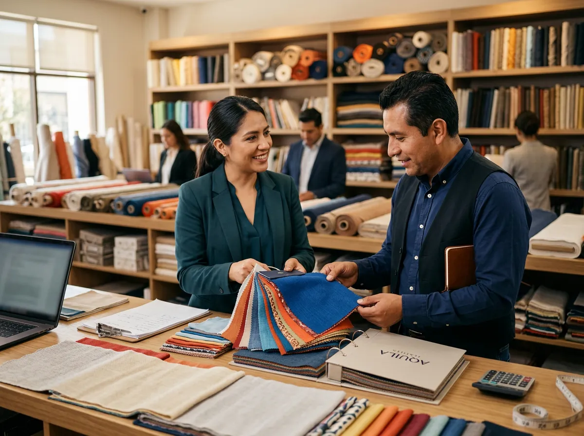 Asesor mostrando composición y color de telas a un cliente